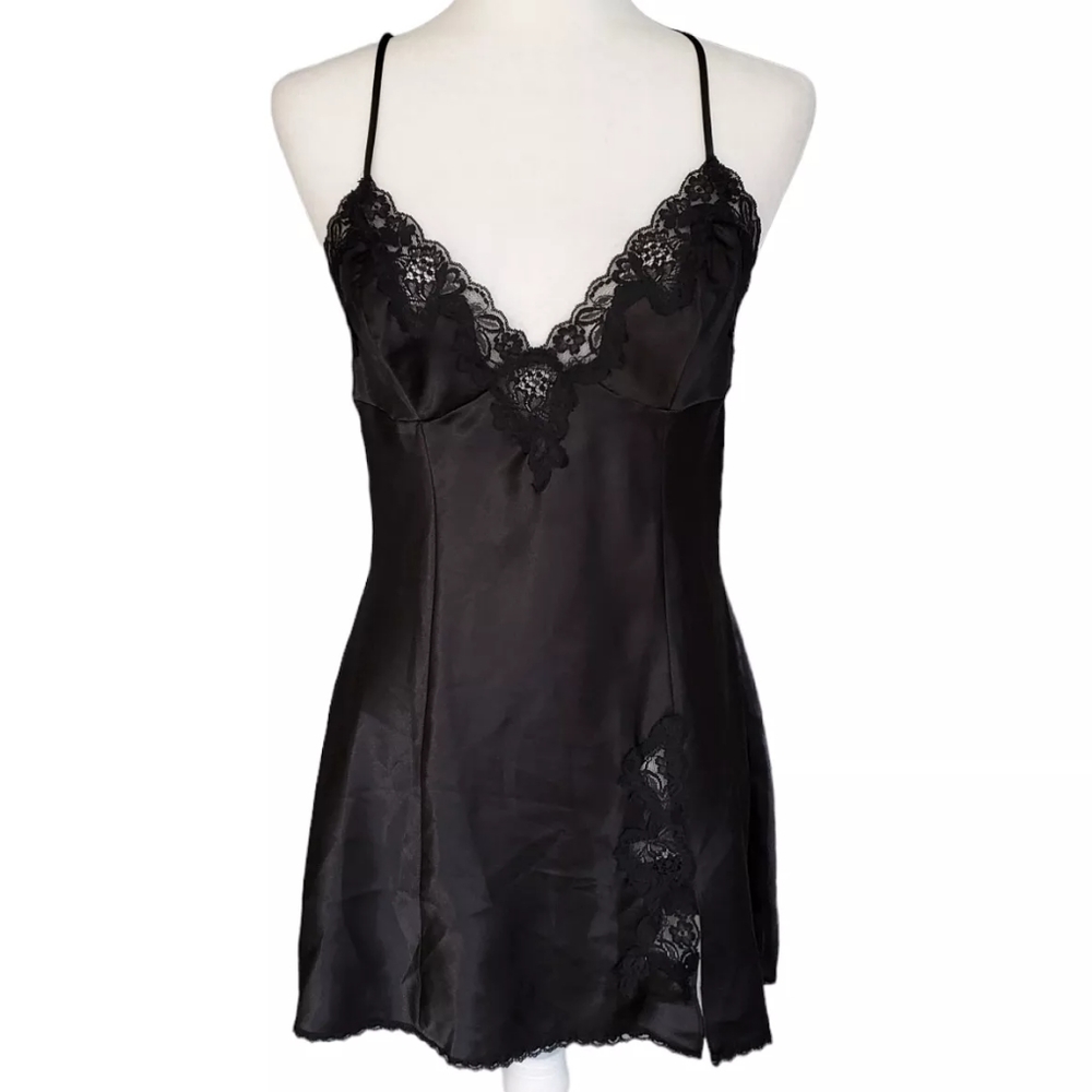 Vintage Black Frederick's of Hollywood Satin Slip Dress - medium
